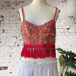 $10$ add on Cider Red Fringe tapestry bustier Crop Top Size M